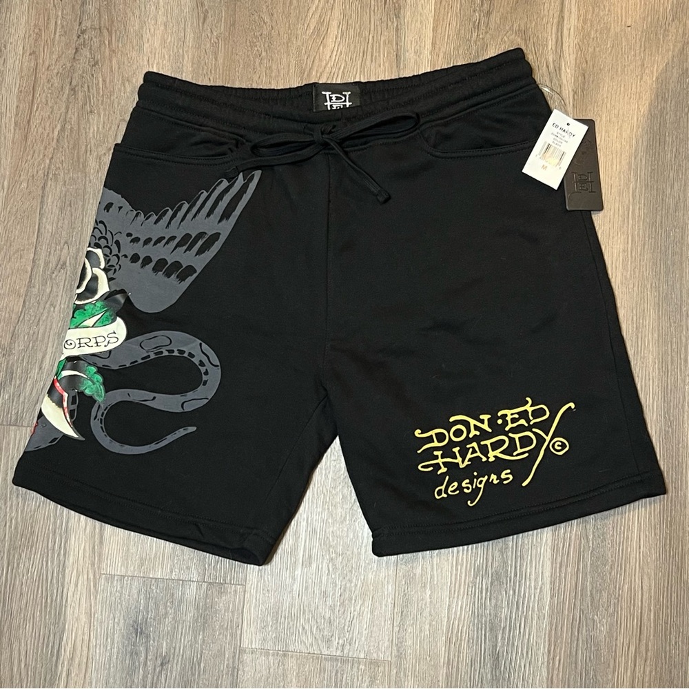 Ed Hardy Men’s Medium Shorts Dagger Rose Fleece Black Spellout Streetwear Y2K - Picture 2 of 5